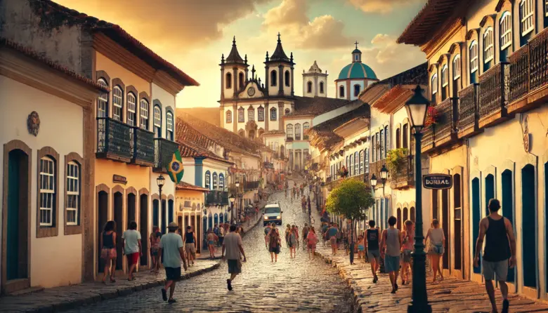 a group of people walking down a cobblestone street