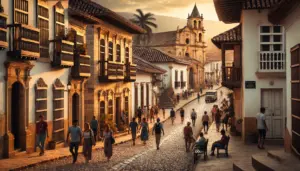 a group of people walking down a cobblestone street