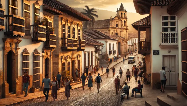 a group of people walking down a cobblestone street