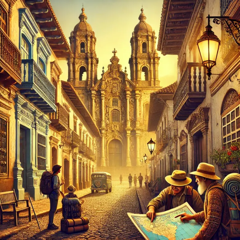 a painting of a street with a couple of people looking at a map