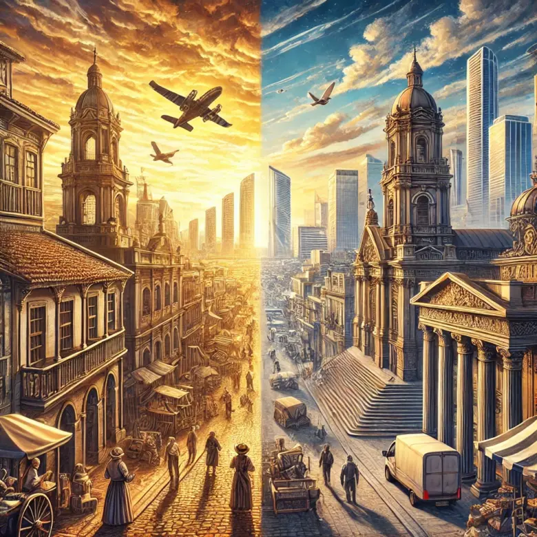 a city street with buildings and people