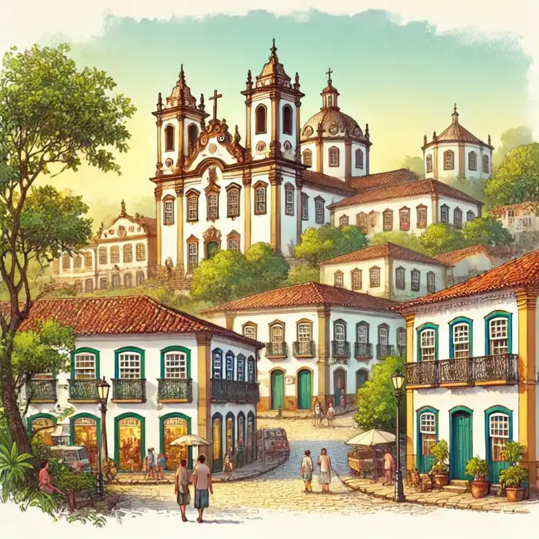 a painting of a town with a church and people walking