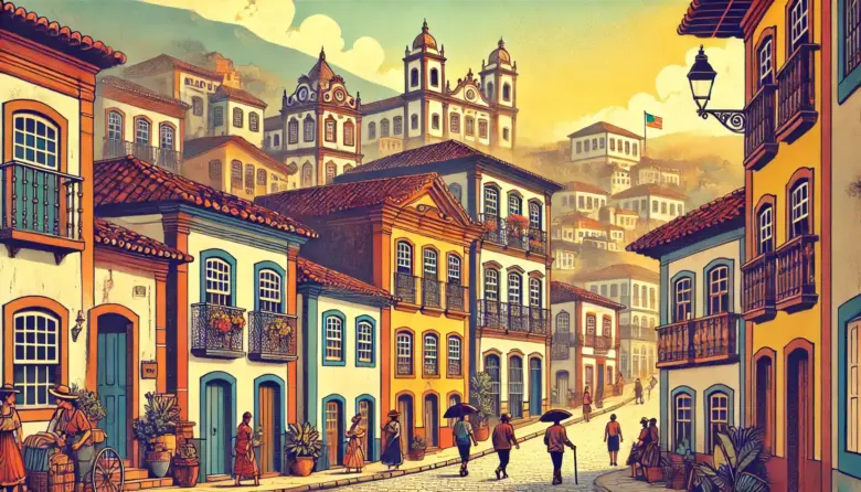 a group of people walking down a street with buildings and a flag
