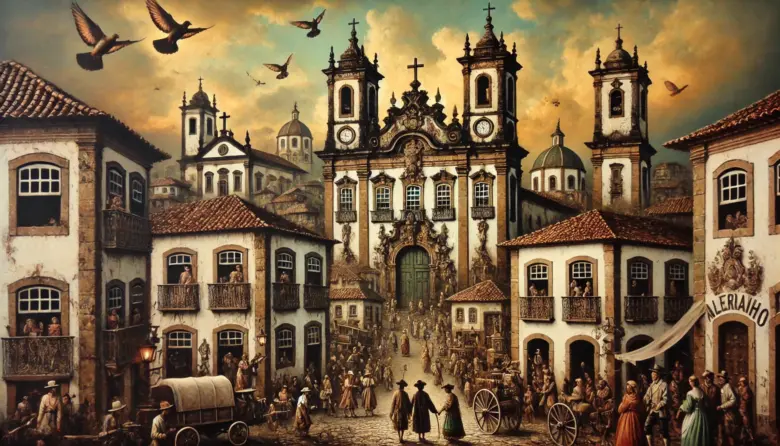 a painting of a town with a crowd of people
