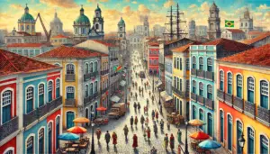 a group of people walking on a street with buildings and umbrellas