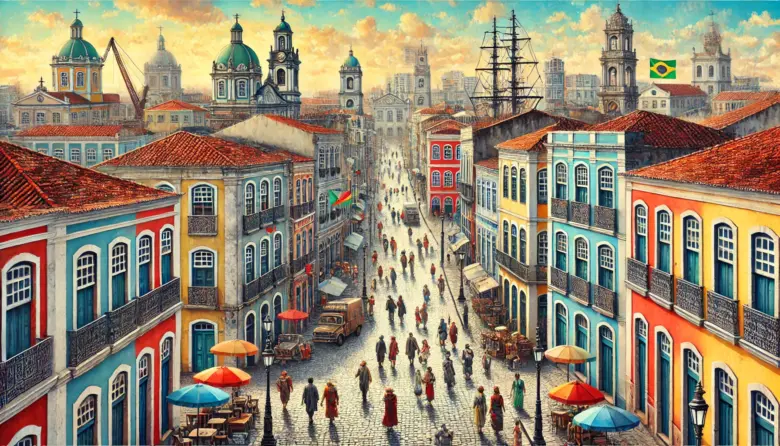 a group of people walking on a street with buildings and umbrellas