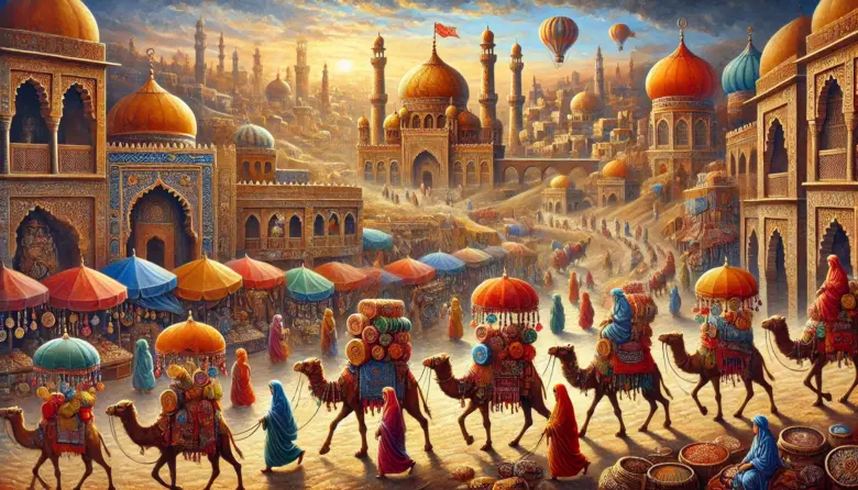 a painting of a city with camels and people