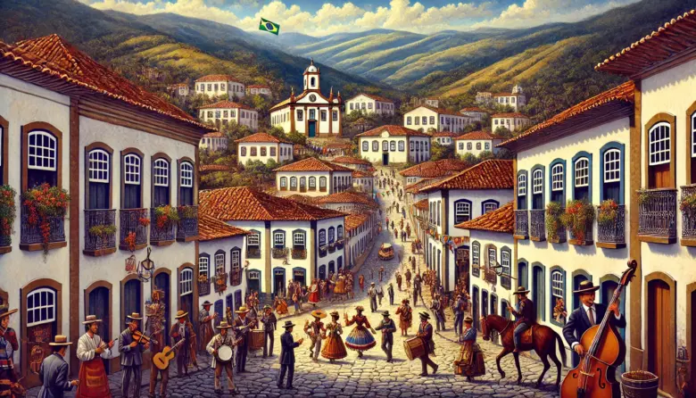a painting of a town with people and buildings