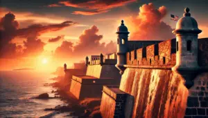 a castle wall with a tower and a sunset