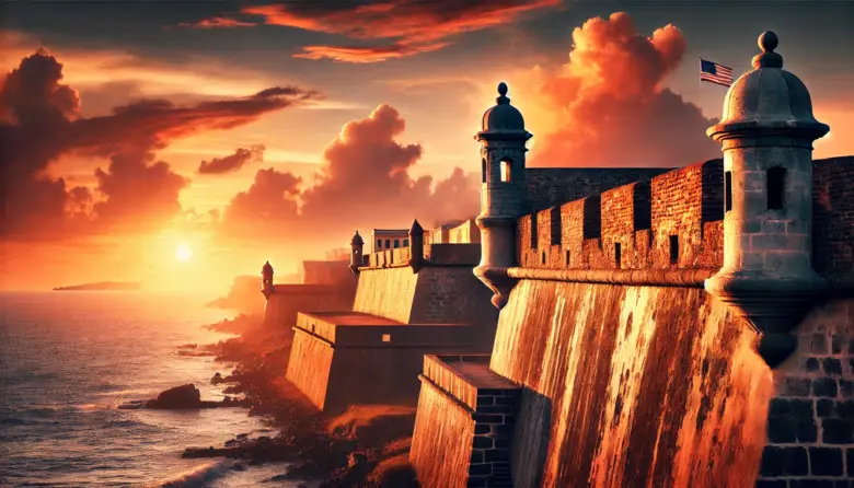 a castle wall with a tower and a sunset