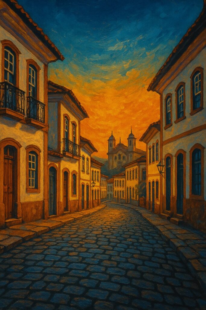 Ilustração de rua de paralelepípedos em uma cidade histórica ao entardecer